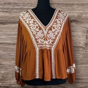 American Eagle Outfitters Boho Rust Blouse with White Embroidery Babydoll Large